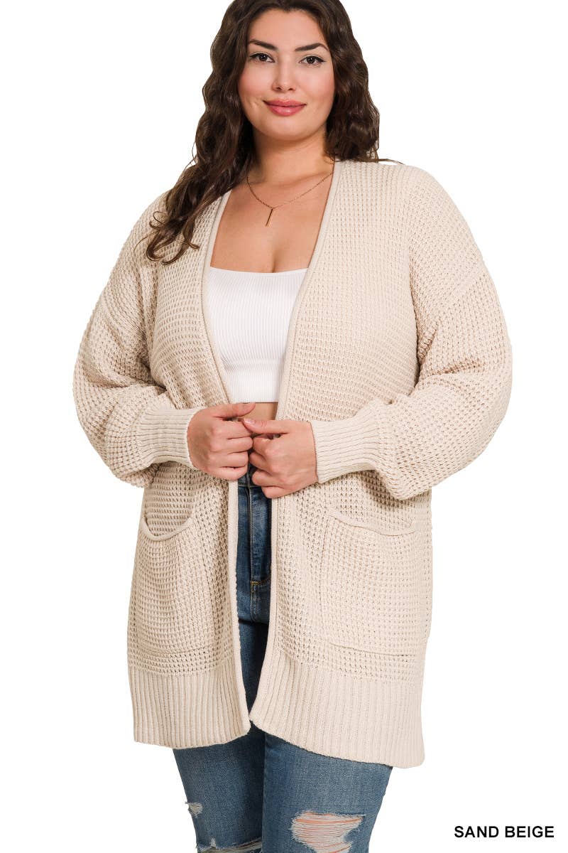 Plus Low Gauge Waffle Open Cardigan Sweater