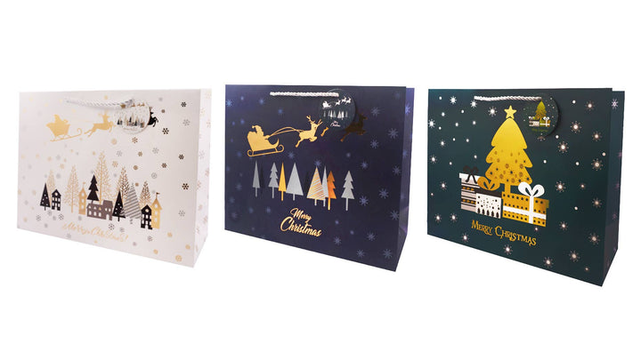 Christmas Gift Bag Foil &amp; Glitter Accents, Ribbon Handles