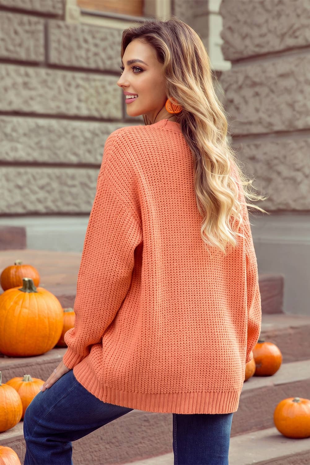 Pumpkin Patch Embroidery Open Front Drop Shoulder Cardigan