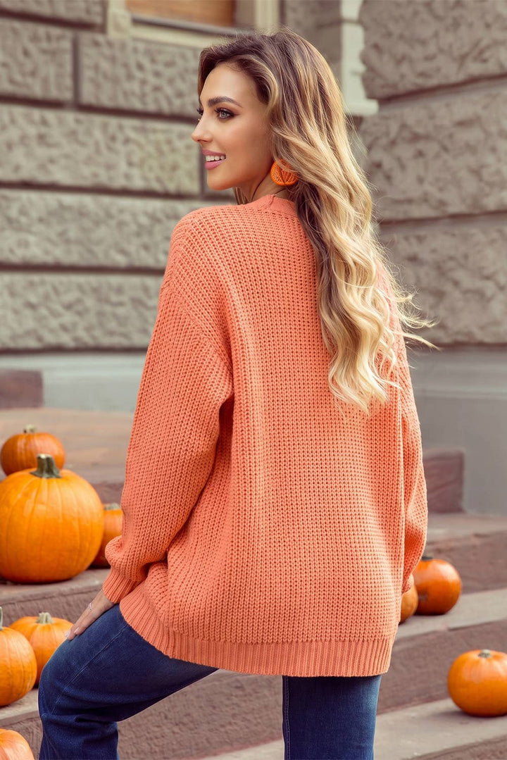Pumpkin Patch Embroidery Open Front Drop Shoulder Cardigan