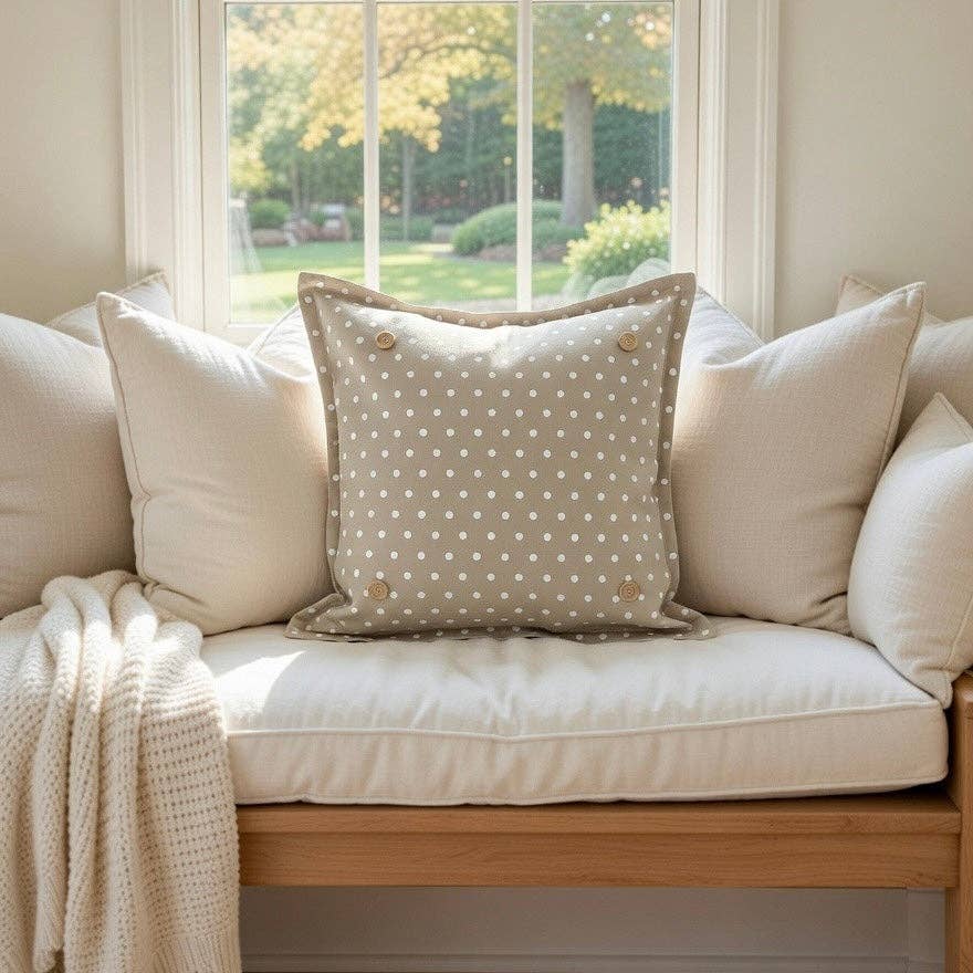 PILLOW ONLY: SQUARE Tan with white spots Pillow; TAN/WHITE POLK-A-DOT PILLOW (with insert)
