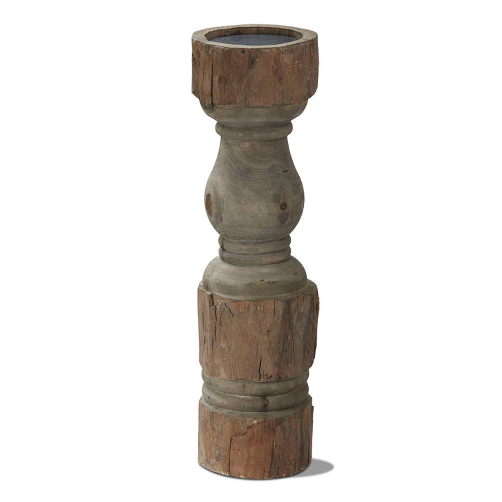Rustic Turned Pillar Holder Tall Antique Brown Mango Wood