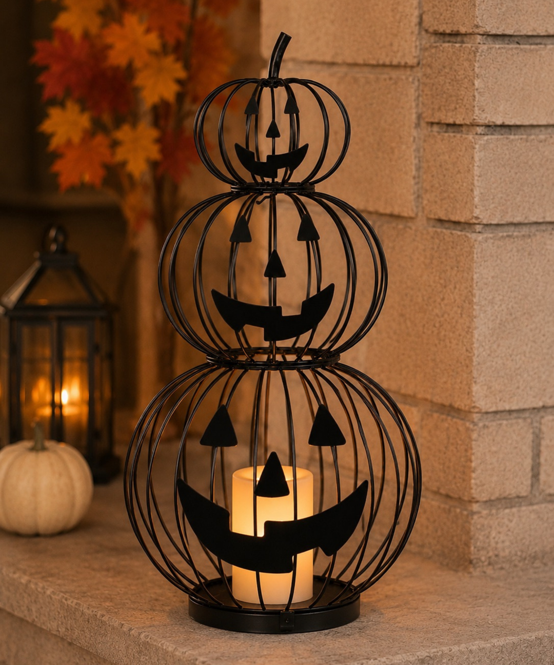 Stacked Metal Jack-O-Lantern LED Lighted Lantern