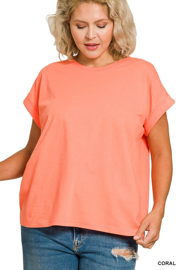 Plus Round Neck Folded Short Sleeve T-shirt