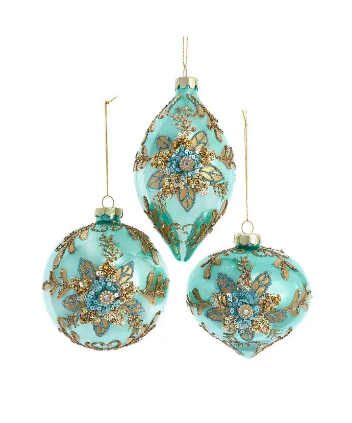 4" Glass Aqua/Gold Ball/Onion/Drop 3 Assorted
