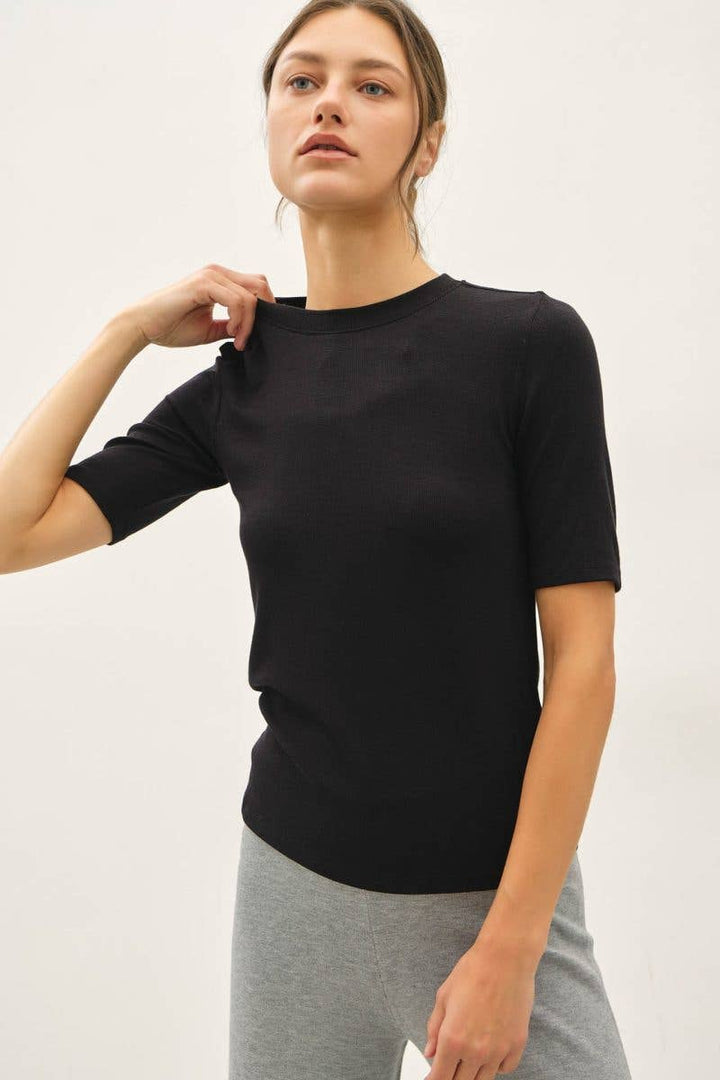 Modal Ribbed Crew Neck Basic Short Sleeve Top