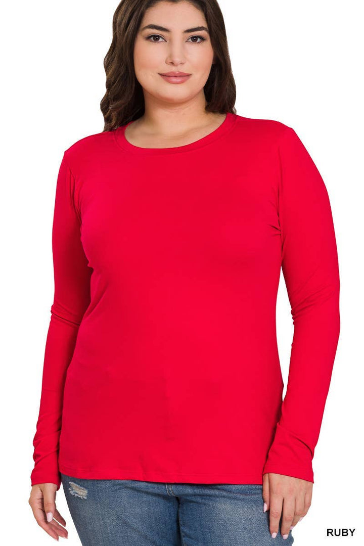Plus Brushed Microfiber Long Sleeve Round Neck Tee