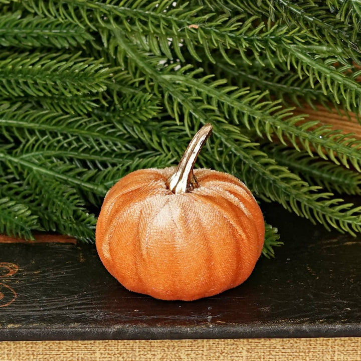 31346- Bag of 6 velvet 2in pumpkins w.golden stem-PEACH
