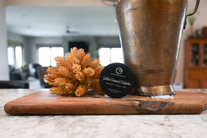 3.75 oz Traveler Tin Candle: Salted Caramel Pistachio