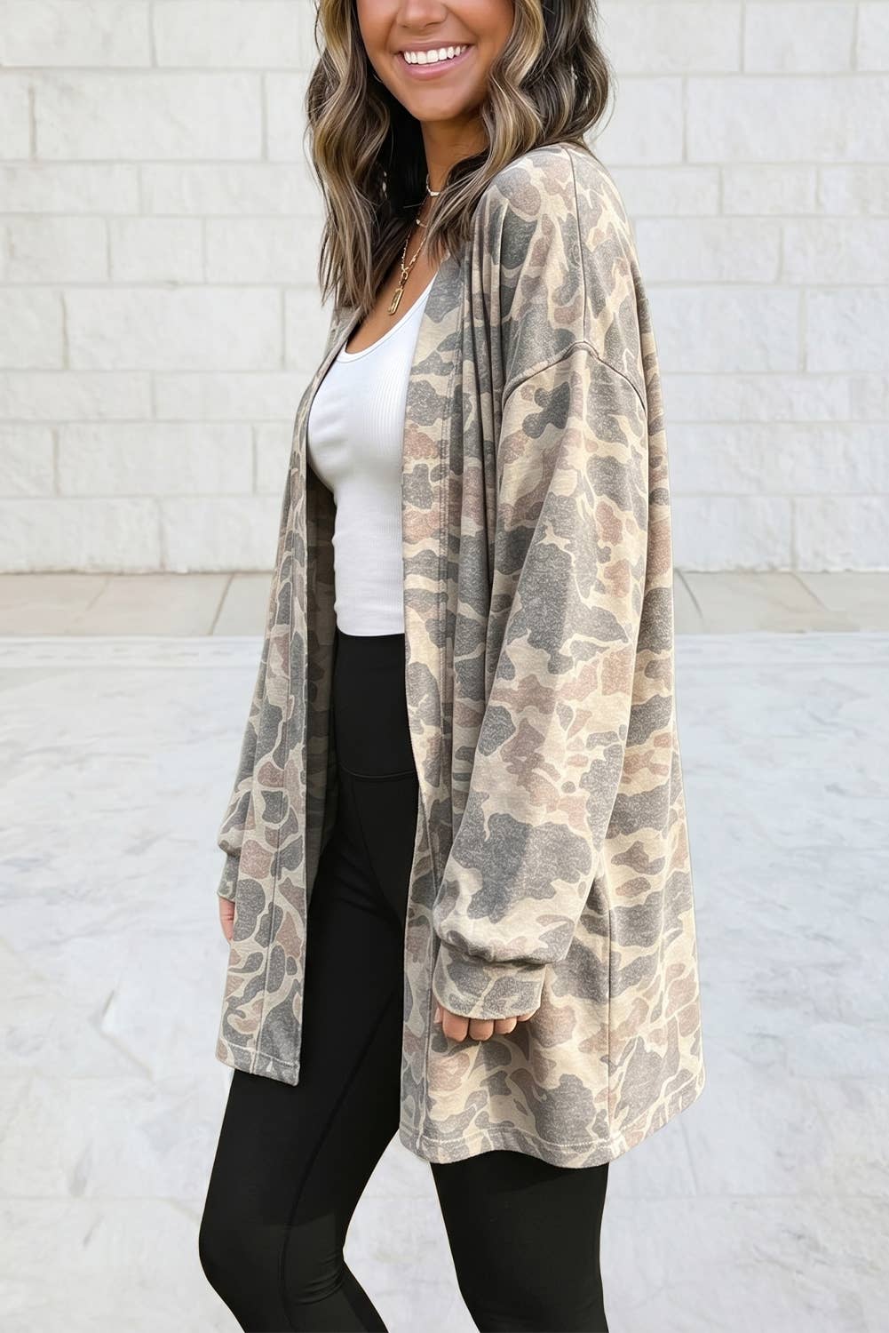Camo Print Long Sleeve Tunic V Neck Open Front Cardigan S–4X