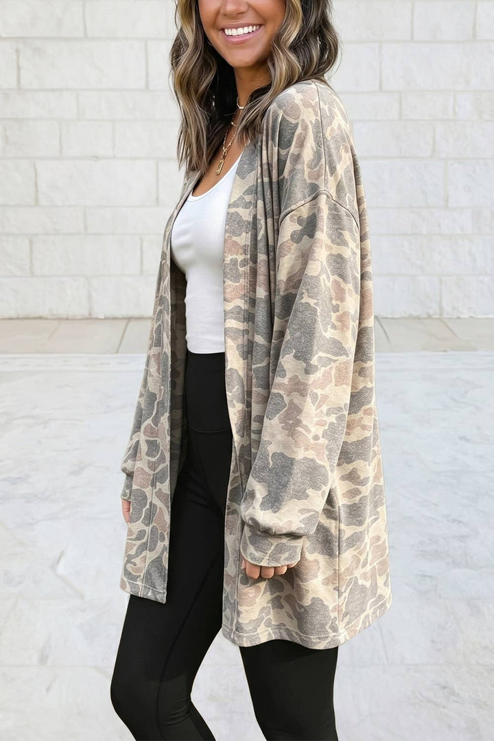 Camo Print Long Sleeve Tunic V Neck Open Front Cardigan S–4X