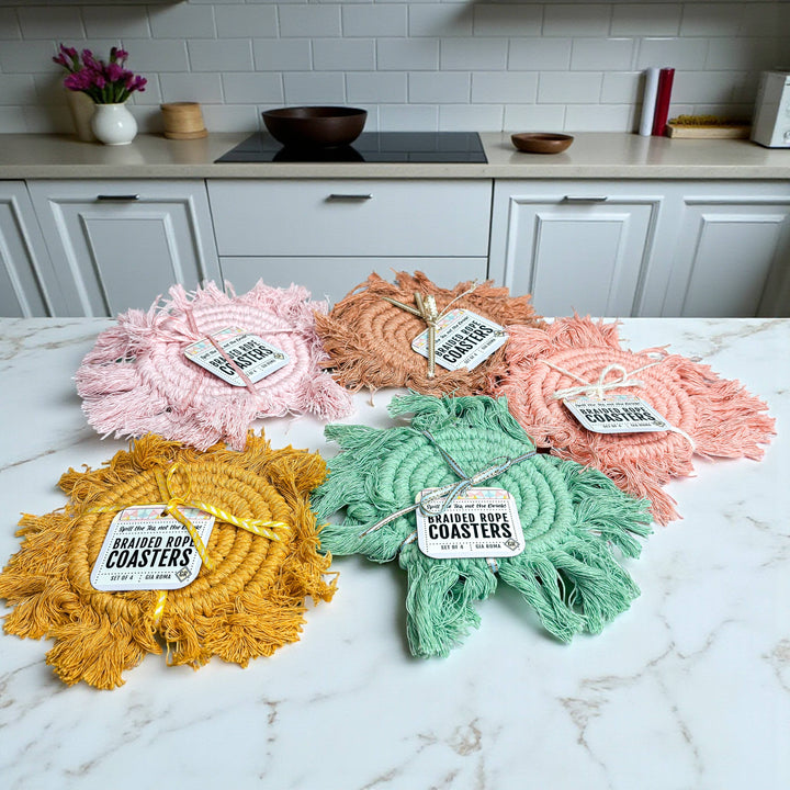 Fabric Tassel Spiral Braided Coasters, Spring Tabletop Decor