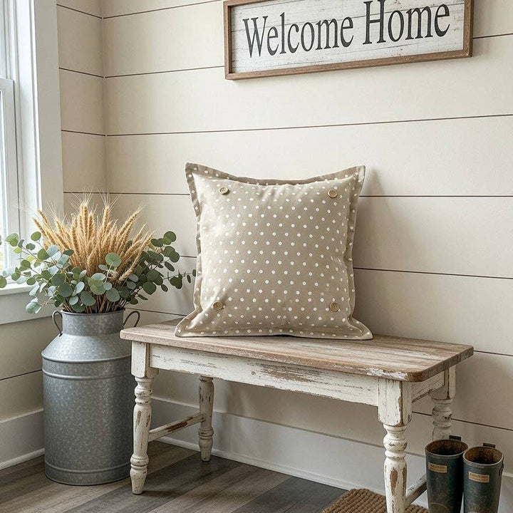 PILLOW ONLY: SQUARE Tan with white spots Pillow; TAN/WHITE POLK-A-DOT PILLOW (with insert)
