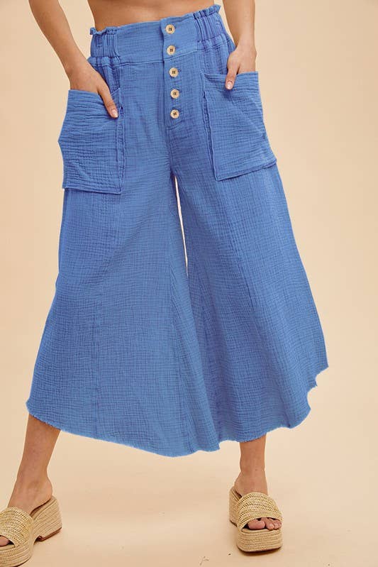 Mineral Washed Fray Hem Linen Cotton Wide Pants