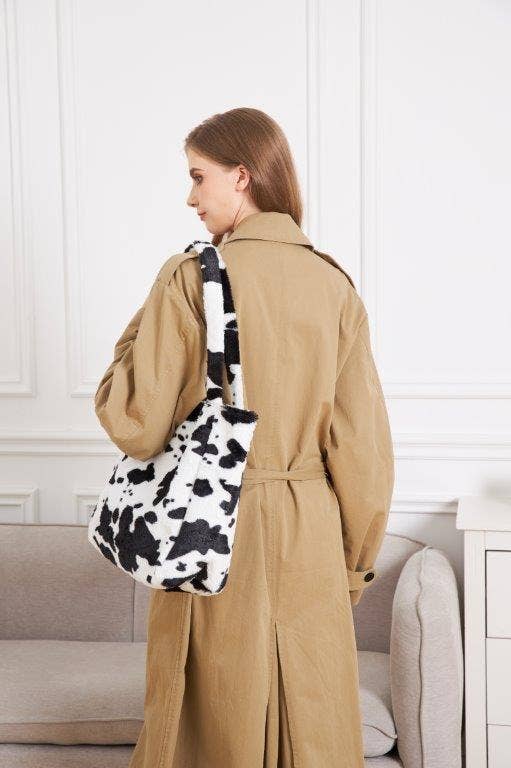 Cow Print Faux Fur Tote Bag