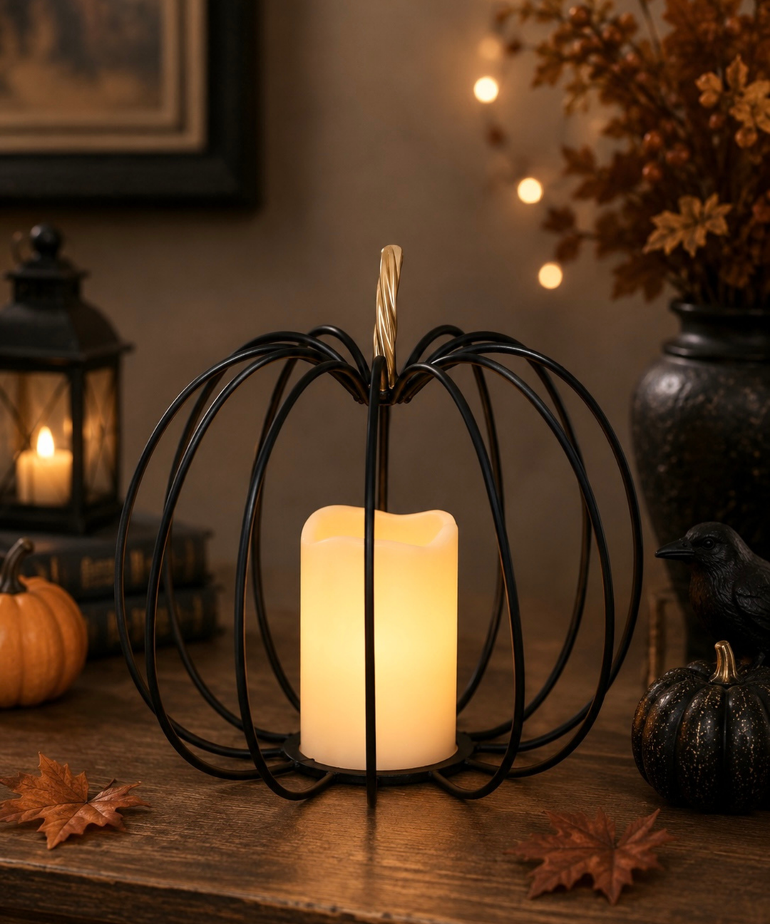 Black and Gold Metal LED Lighted Pumpkin