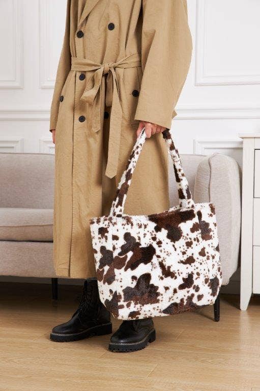 Black Brown Cow Print Faux Fur Tote Bag