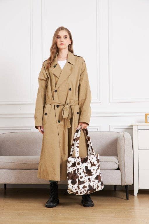 Black Brown Cow Print Faux Fur Tote Bag
