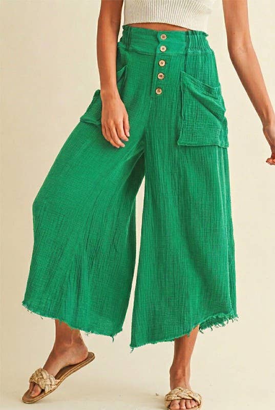 Mineral Washed Fray Hem Linen Cotton Wide Pants
