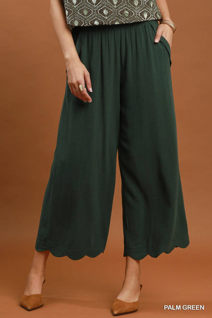 Linen Blend Scallop Hem Wide Leg Pants