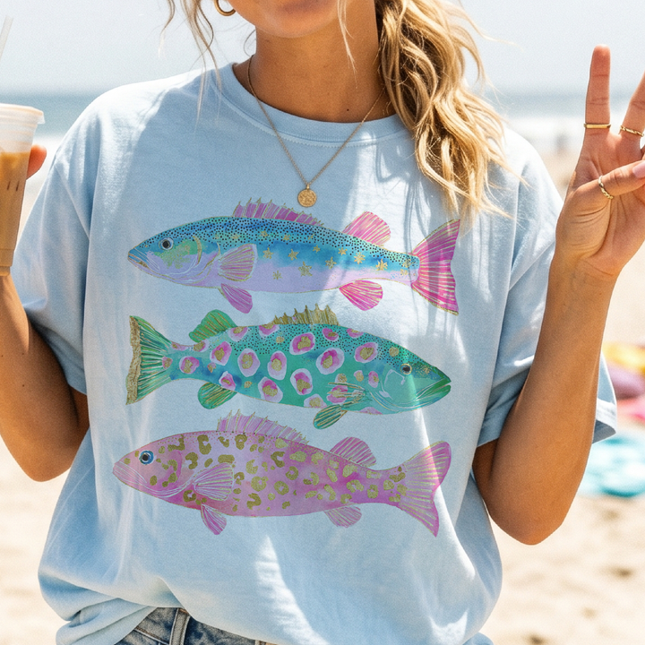 Coastal Preppy Fish Pink Blue Beach Ocean Club Graphic Tee