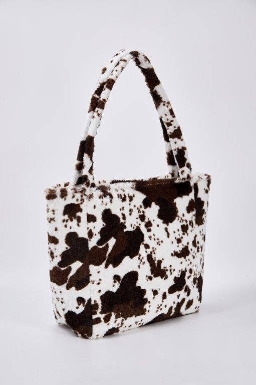 Black Brown Cow Print Faux Fur Tote Bag