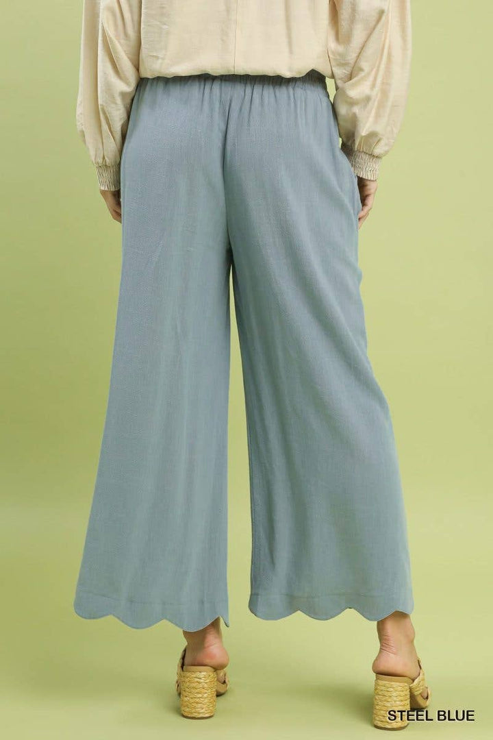 Linen Blend Scallop Hem Wide Leg Pants