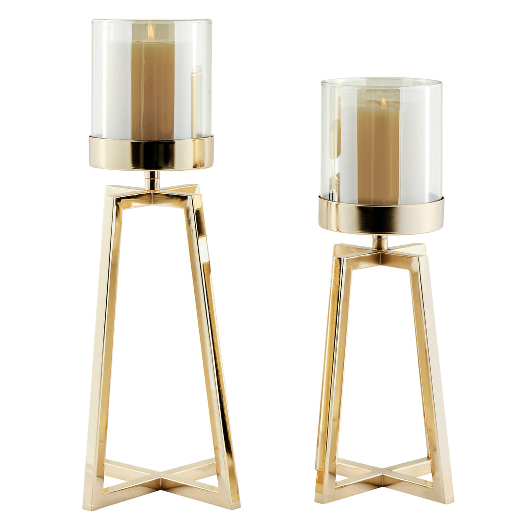Maeve Gold Pedestal Hurricane Candle Holders - Set of 2