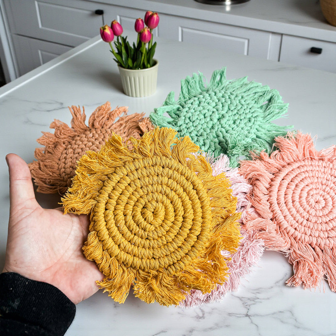Fabric Tassel Spiral Braided Coasters, Spring Tabletop Decor