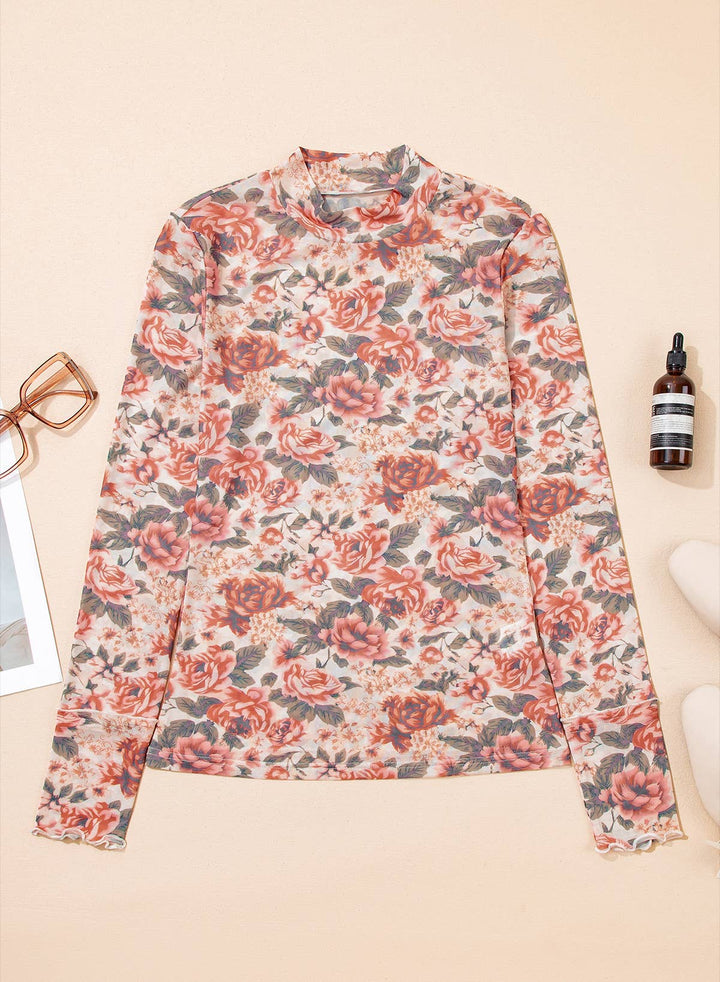Retro Floral Print Mesh Long Sleeve Top | S-4X