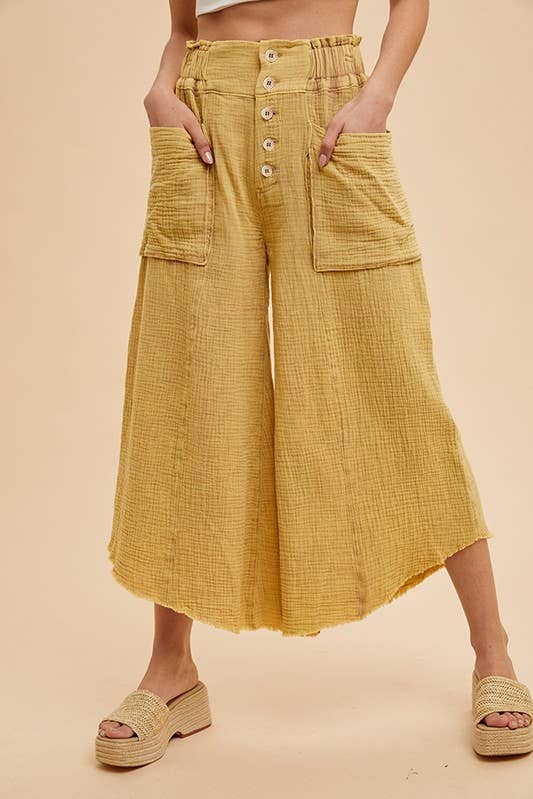 Mineral Washed Fray Hem Linen Cotton Wide Pants