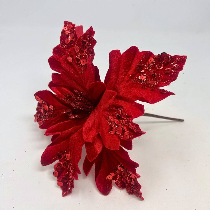 Wavy Cut Velvet Poinsettia Leaf Stem Red 9"