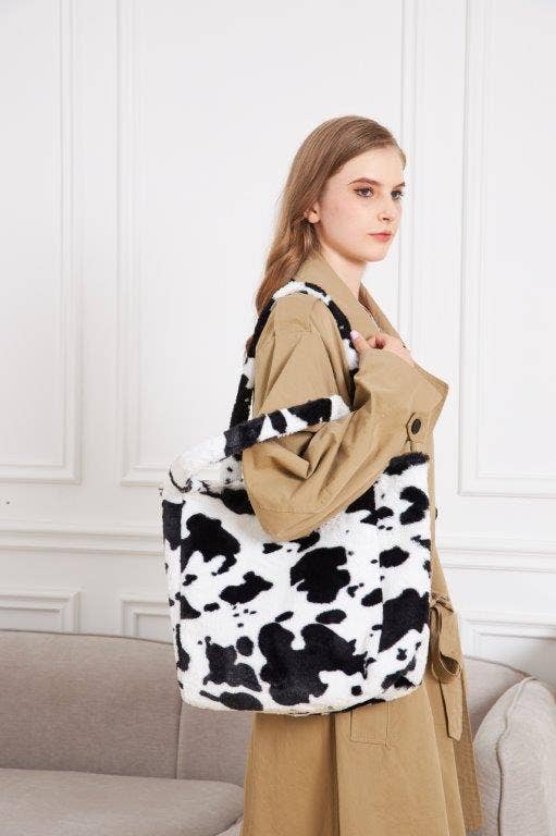 Cow Print Faux Fur Tote Bag