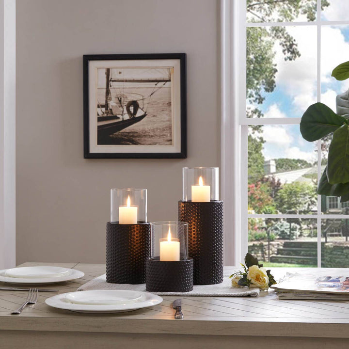 Contemporary Candle Holder Set With Clear Glass Hurricanes
