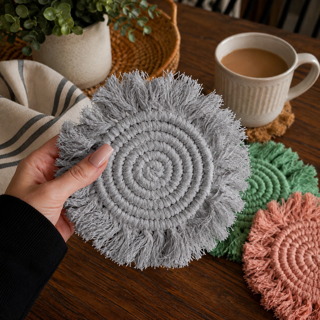 Fabric Tassel Spiral Braided Coasters, Spring Tabletop Decor