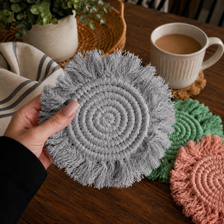 Fabric Tassel Spiral Braided Coasters, Spring Tabletop Decor