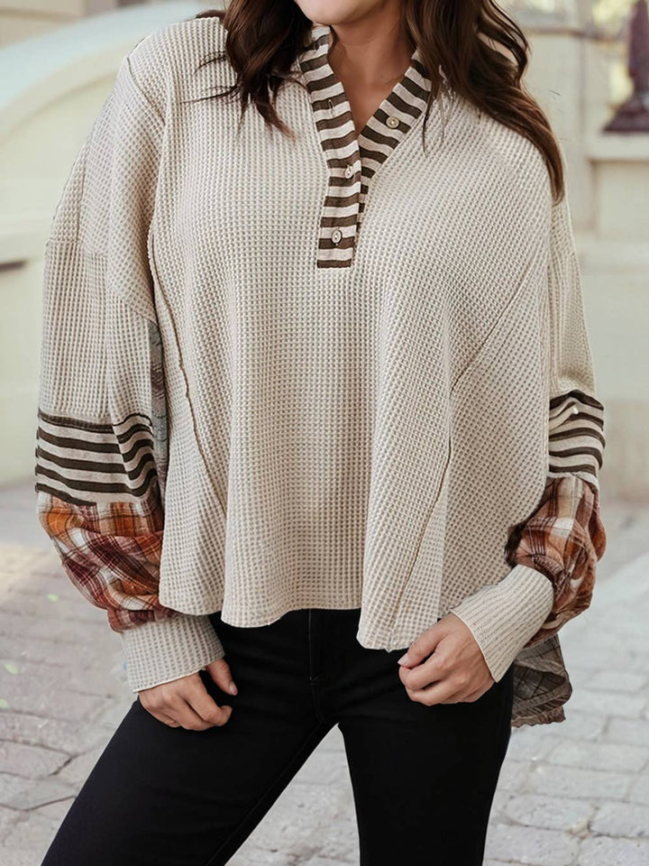 Waffle Stripe Plaid Patchwork Henley Knit Top S-4X