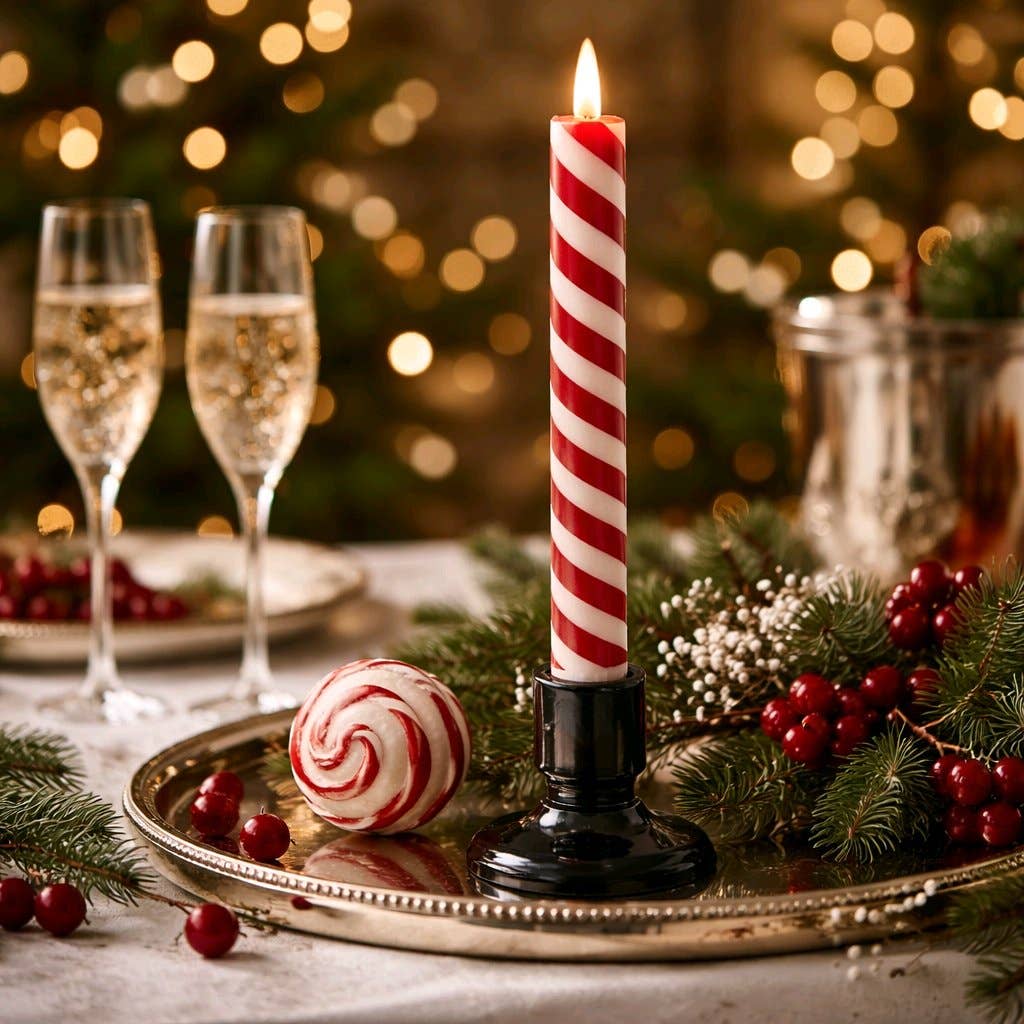 Candy Cane 3D Flame LED Taper Candle 10in Set of 2