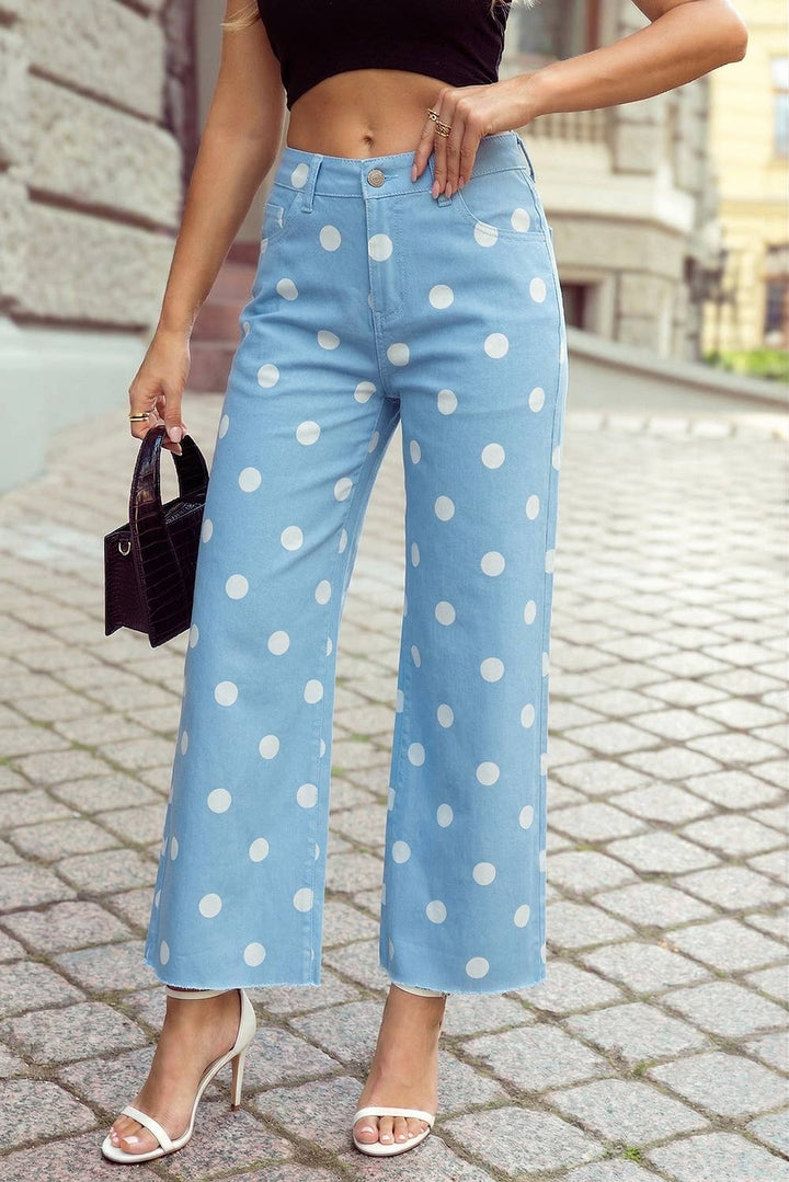 Leopard /Polka Dot Frayed Edge Wide Leg High Waist Jeans