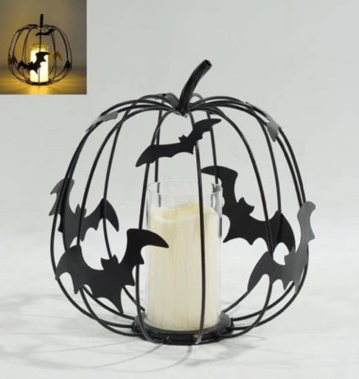 Lighted Bat Wire Metal Pumpkin