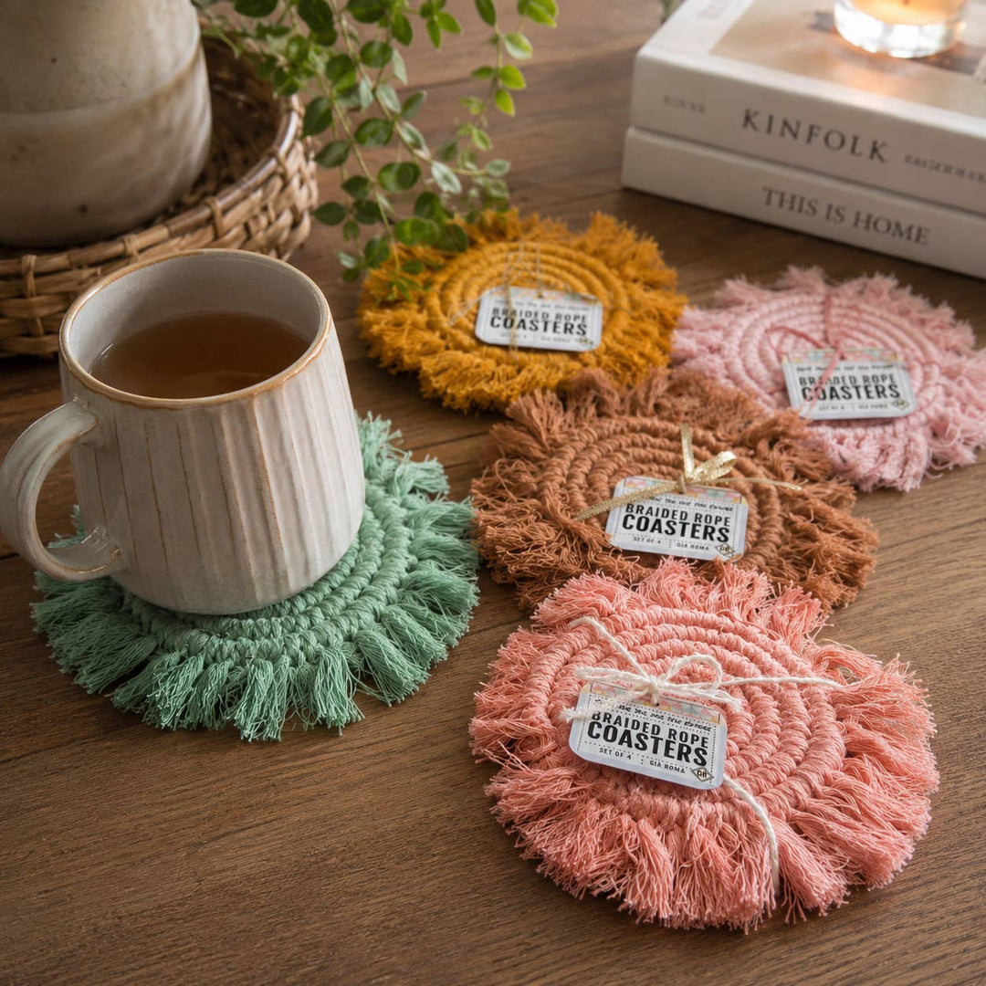 Fabric Tassel Spiral Braided Coasters, Spring Tabletop Decor