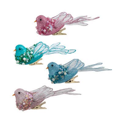 Glitter Pearl Clip Bird Ornament 4 Assorted