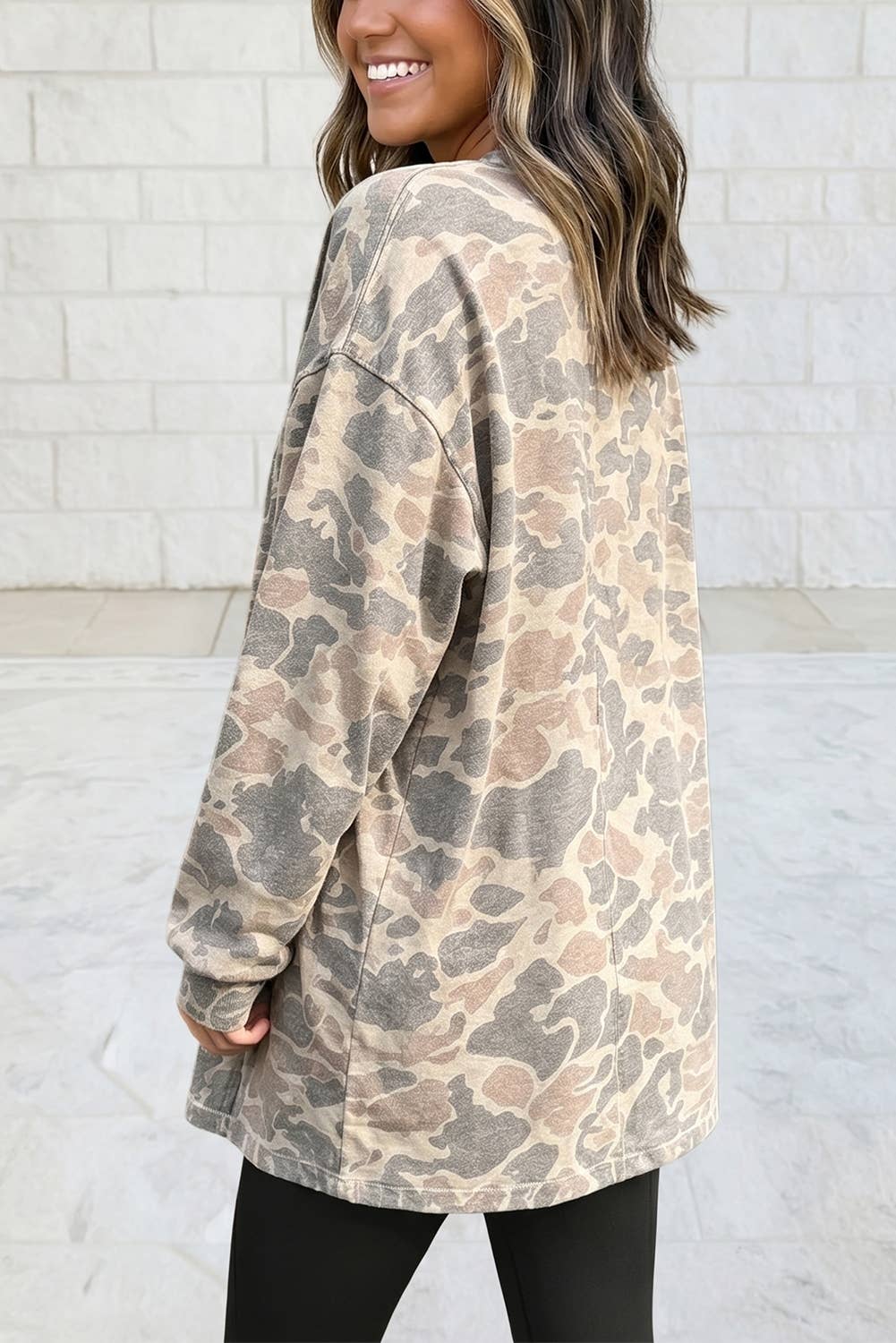 Camo Print Long Sleeve Tunic V Neck Open Front Cardigan S–4X