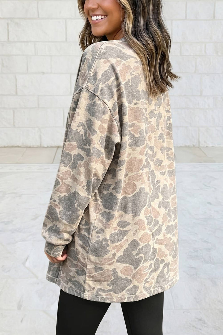 Camo Print Long Sleeve Tunic V Neck Open Front Cardigan S–4X