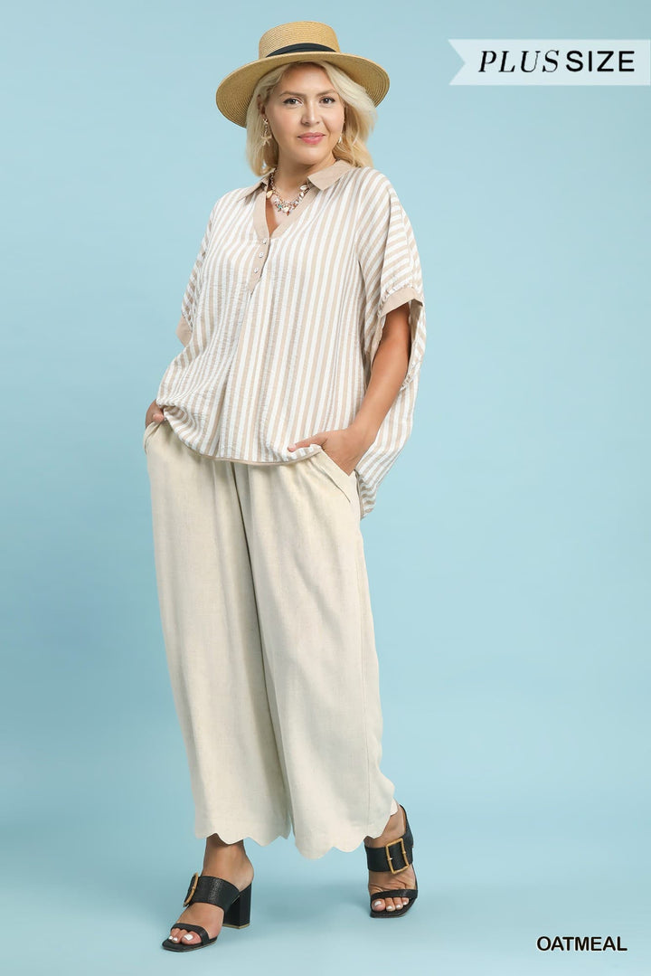 Plus Linen Blend Scallop Hem Wide Leg Pants