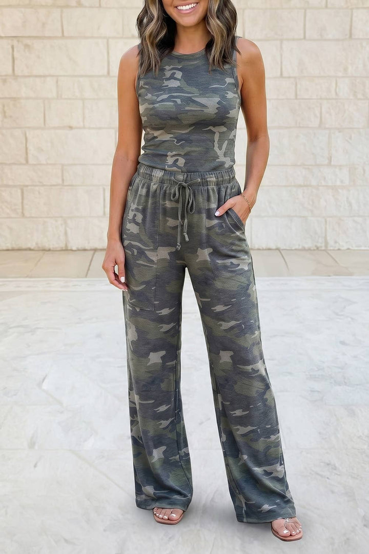 Slim Camouflage Tank Top and Wide Sweatpants Set