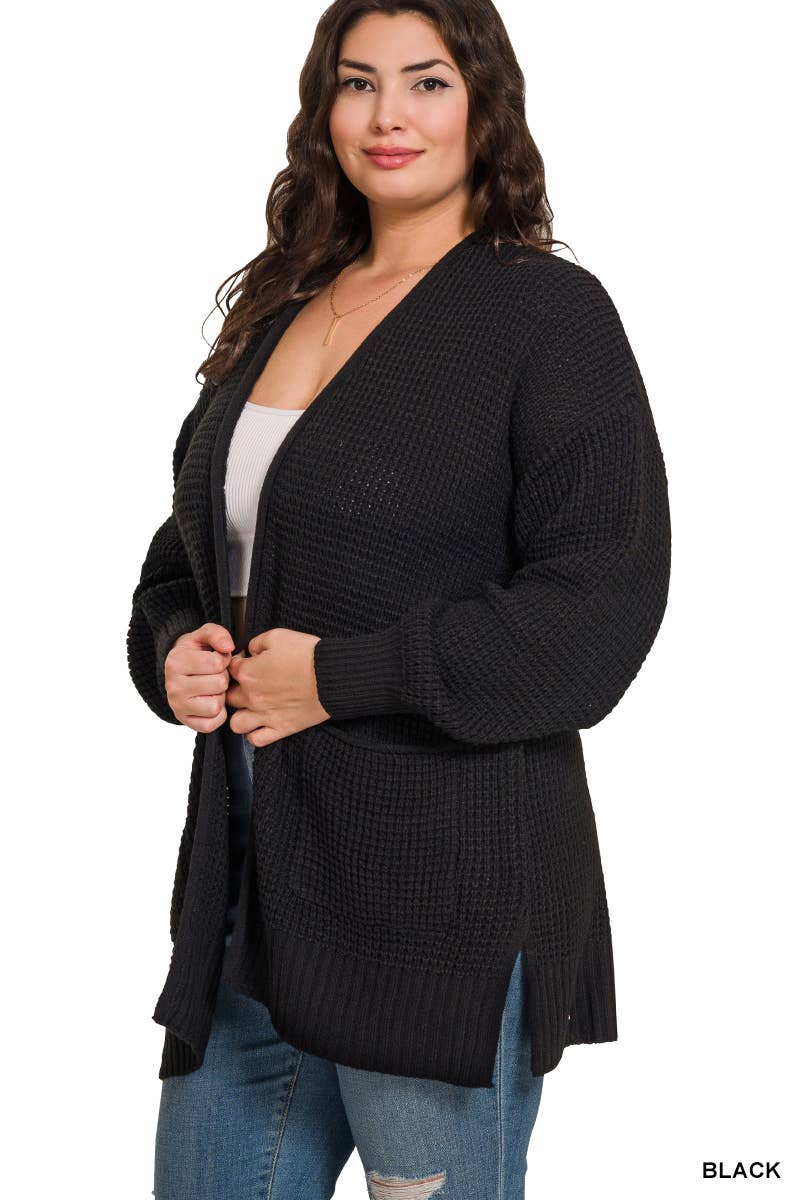Plus Low Gauge Waffle Open Cardigan Sweater