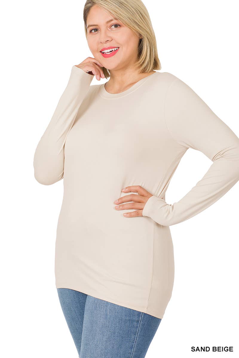 Plus Brushed Microfiber Long Sleeve Round Neck Tee