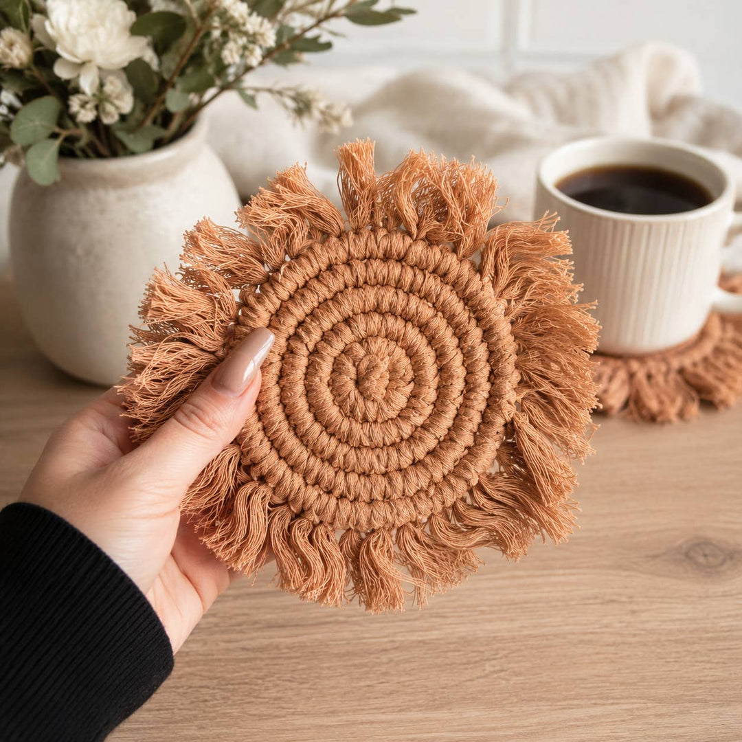 Fabric Tassel Spiral Braided Coasters, Spring Tabletop Decor