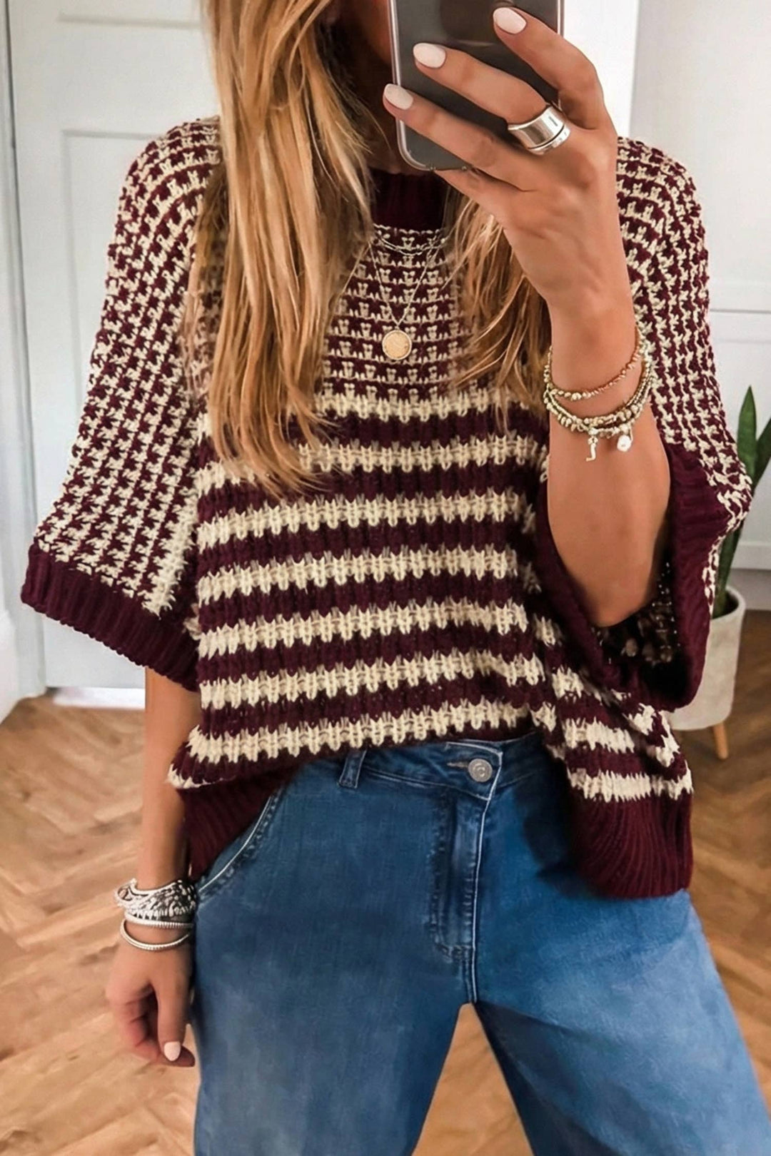 Color Block 3/4 Draped Sleeve Sweater